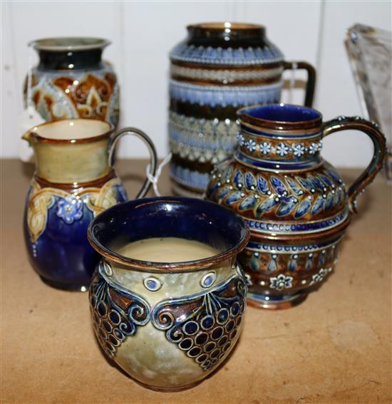 Doulton Lambeth jug by Jessie Bowditch and four similarly-decorated pieces